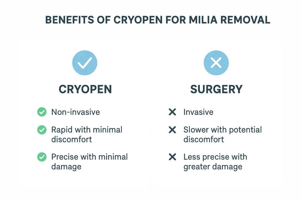 Benefits of cryopen for milia removal Perivale compared to surgical treatments.