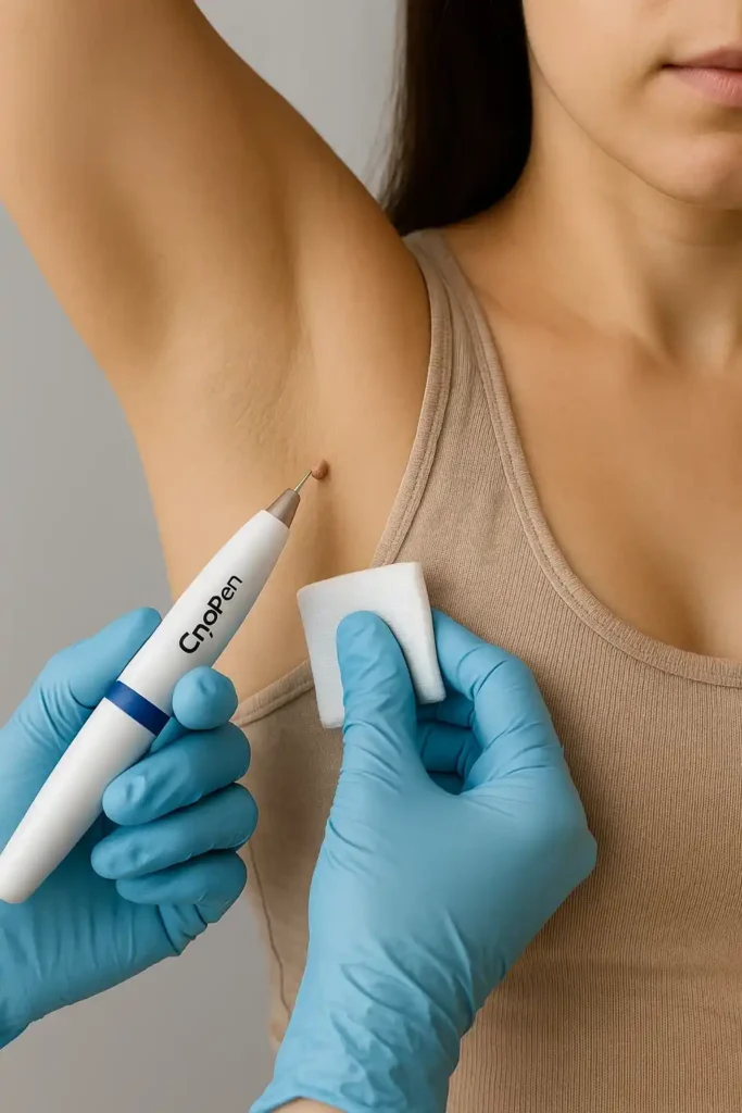 woman having cryopen to remove underarm skin tags Perivale