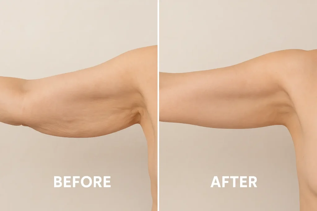 Picture of LA LIPO Perivale before and after results of skin tightening treatment on the upper arms.