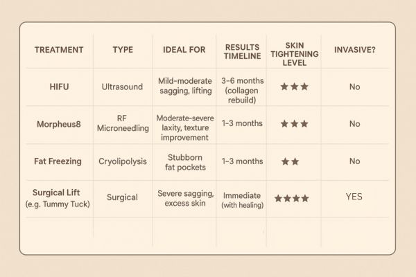 Table showing the comparisons of Skin tightening Perivale treatment options.